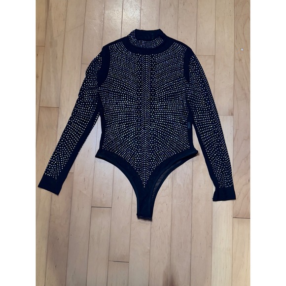 Unbranded Tops - Rhinestone Mesh Bodysuit Black Long Sleeve Mock Neck Studded Crystal Top Large